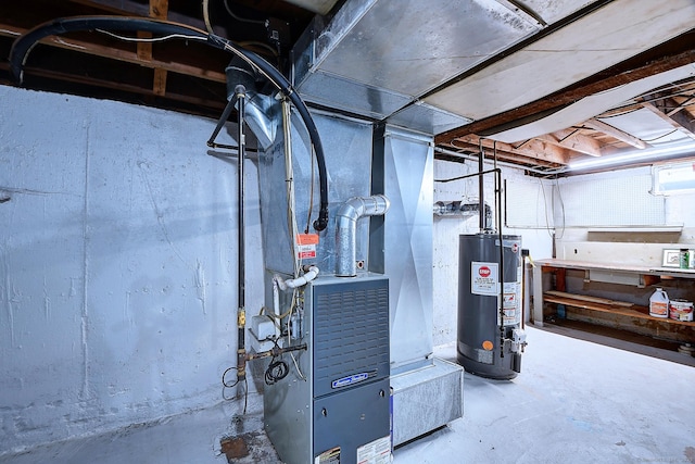 unfinished basement featuring gas water heater and a workshop area