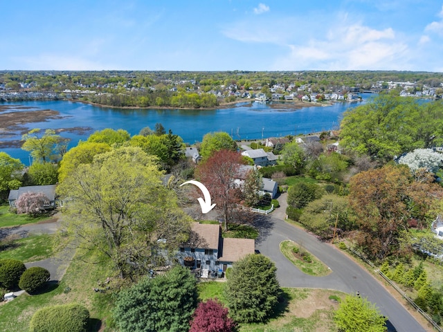 bird's eye view with a water view and a residential view
