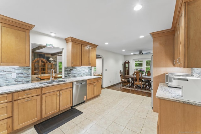 49 Birch Hill Rd, Newtown, CT 06470 - kitchen featuring stainless steel dishwasher, a ceiling fan, a sink, backsplash, and recessed lighting