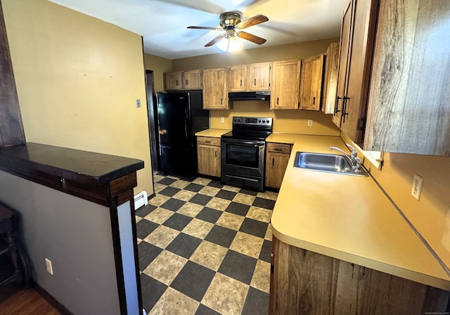 653 Andrew Mountain Rd, Naugatuck, CT 06770 - kitchen with stainless steel electric range oven, freestanding refrigerator, a sink, ventilation hood, and a ceiling fan