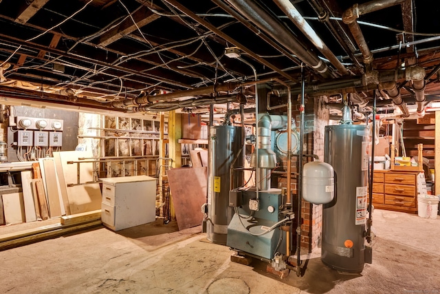 unfinished basement with water heater and a heating unit