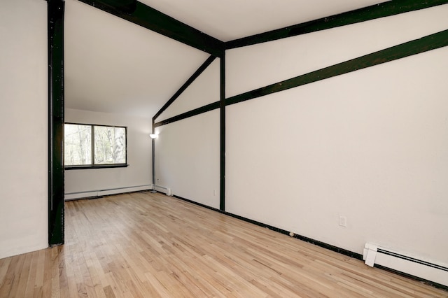 additional living space featuring lofted ceiling with beams, light wood-type flooring, and a baseboard radiator