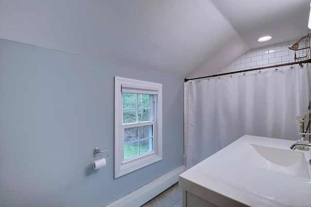 267 Foote Rd, Glastonbury, CT 06073 - full bathroom featuring vaulted ceiling, curtained shower, tile patterned floors, and a sink