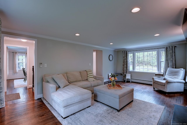 267 Foote Rd, Glastonbury, CT 06073 - living room with a baseboard heating unit, wood finished floors, crown molding, baseboards, and recessed lighting