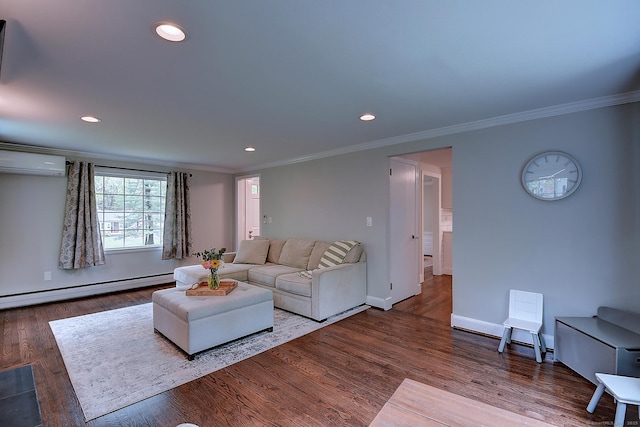 267 Foote Rd, Glastonbury, CT 06073 - living area with ornamental molding, a baseboard heating unit, a wall mounted air conditioner, recessed lighting, and wood finished floors