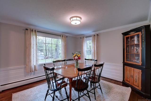 267 Foote Rd, Glastonbury, CT 06073 - dining space with a baseboard heating unit, dark wood-style flooring, ornamental molding, wainscoting, and a textured ceiling