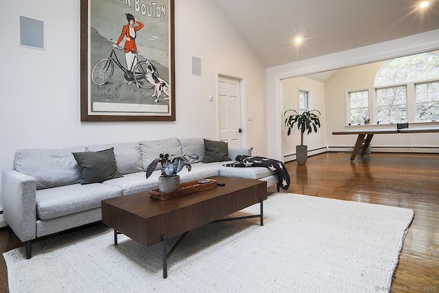 living area with recessed lighting, visible vents, wood finished floors, and lofted ceiling