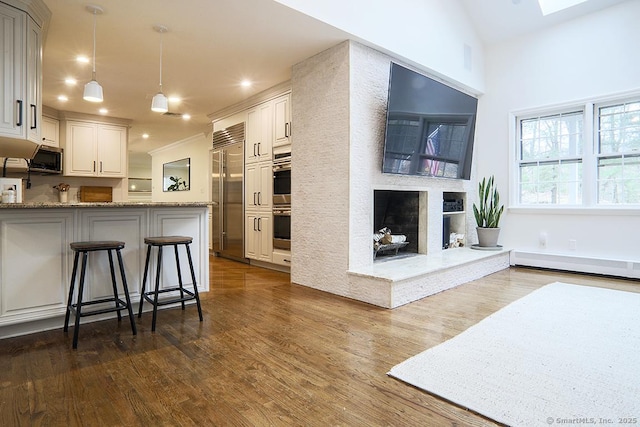 kitchen featuring dark wood-type flooring, appliances with stainless steel finishes, light stone counters, and a skylight
