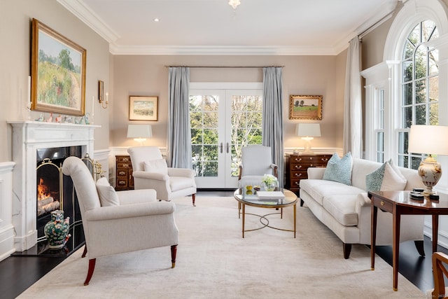 35 Club Rd, Greenwich, CT 06878 - living area with a lit fireplace, french doors, and crown molding