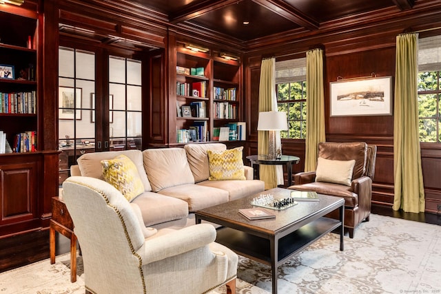 35 Club Rd, Greenwich, CT 06878 - living area featuring wooden walls, plenty of natural light, ornamental molding, and built in shelves