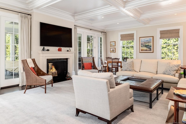 35 Club Rd, Greenwich, CT 06878 - living area with ornamental molding, coffered ceiling, and plenty of natural light