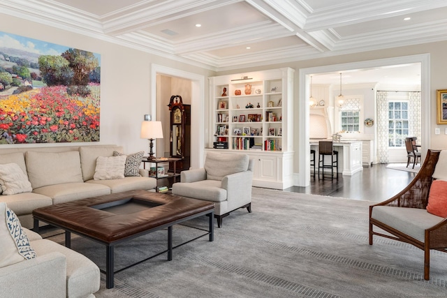 35 Club Rd, Greenwich, CT 06878 - living area with beamed ceiling, coffered ceiling, recessed lighting, ornamental molding, and wood finished floors