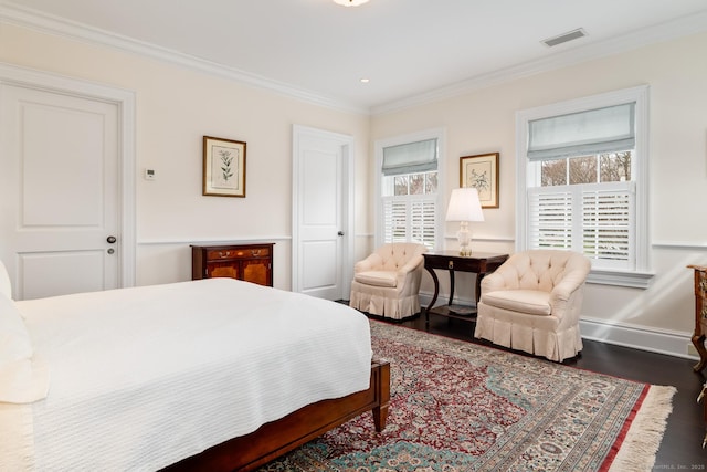 35 Club Rd, Greenwich, CT 06878 - bedroom with ornamental molding, visible vents, wood finished floors, and baseboards