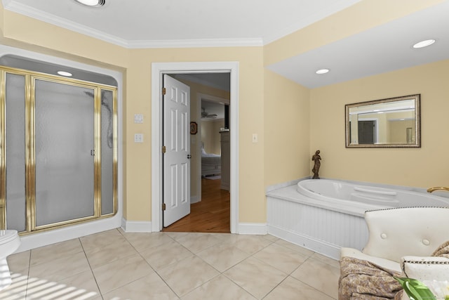 74 High St, Portland, CT 06480 - full bathroom featuring crown molding, tile patterned flooring, a bath, and a stall shower