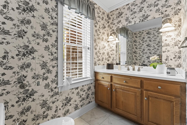 74 High St, Portland, CT 06480 - bathroom featuring crown molding, plenty of natural light, and wallpapered walls