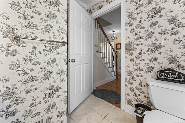 74 High St, Portland, CT 06480 - bathroom featuring crown molding, baseboards, toilet, and wallpapered walls