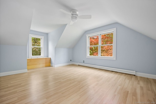 2851 Old Town Rd, Bridgeport, CT 06606 - additional living space featuring a baseboard radiator, lofted ceiling, wood finished floors, and ceiling fan