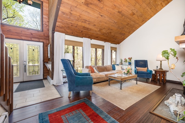 living room with french doors, wood ceiling, high vaulted ceiling, and hardwood / wood-style flooring