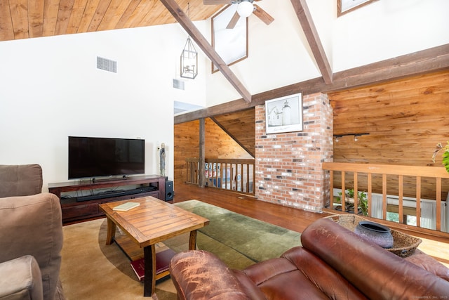living area featuring high vaulted ceiling, ceiling fan, wood walls, and visible vents