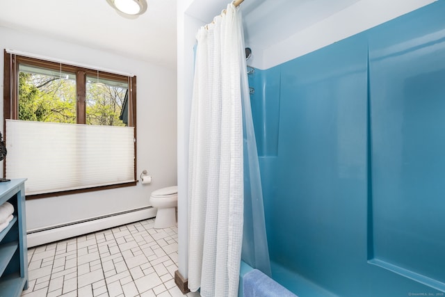 full bathroom with a shower with shower curtain, baseboard heating, and toilet