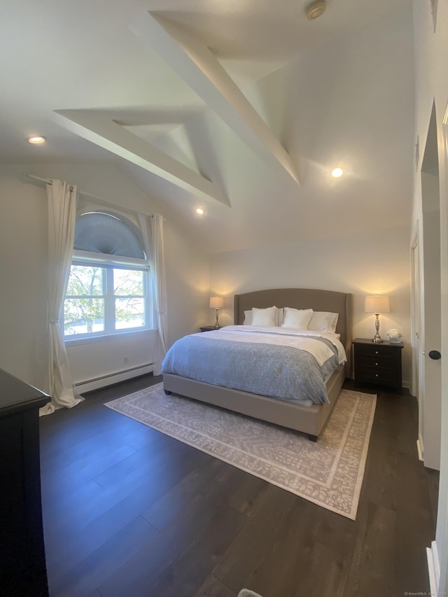 bedroom featuring lofted ceiling with beams, a baseboard heating unit, recessed lighting, and wood finished floors