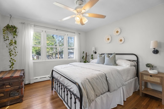 131 Vesper St, Fairfield, CT 06825 - bedroom featuring wood-type flooring, a baseboard radiator, baseboards, and a ceiling fan
