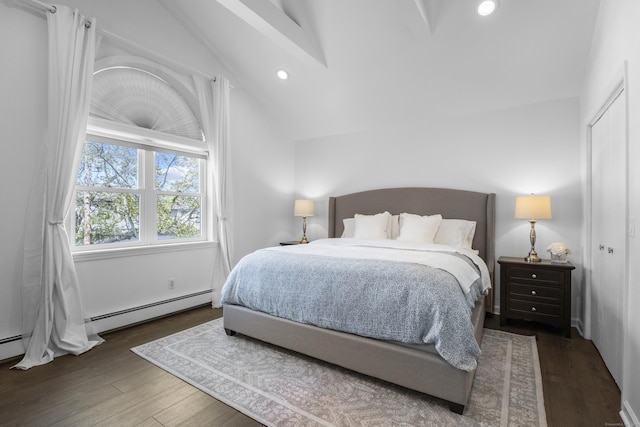 131 Vesper St, Fairfield, CT 06825 - bedroom with recessed lighting, vaulted ceiling, baseboard heating, and wood finished floors