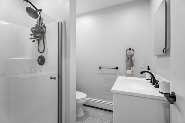 131 Vesper St, Fairfield, CT 06825 - bathroom featuring vanity, toilet, a baseboard heating unit, and a stall shower