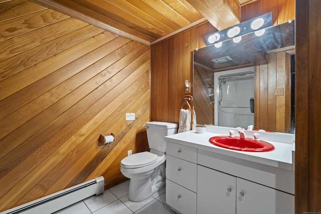 131 Vesper St, Fairfield, CT 06825 - bathroom featuring wood ceiling, wood walls, tile patterned floors, a baseboard heating unit, and toilet