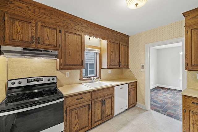 240 Barbara Rd, Middletown, CT 06457 - kitchen featuring stainless steel range with electric stovetop, white dishwasher, under cabinet range hood, light countertops, and wallpapered walls