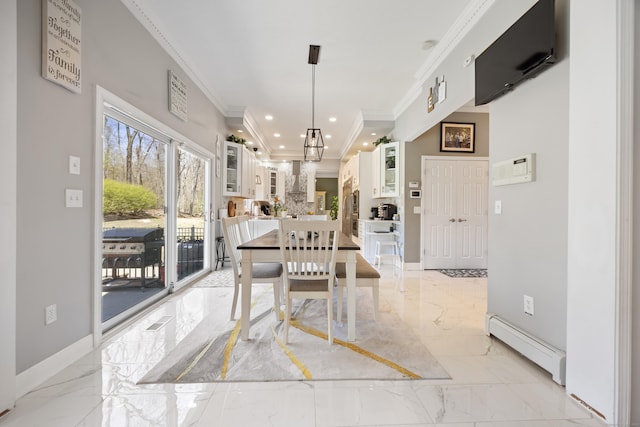 dining room with recessed lighting, marble finish floor, baseboard heating, ornamental molding, and baseboards