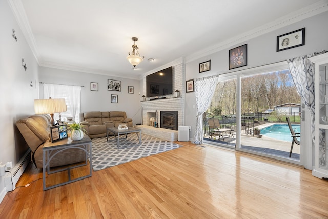 living area featuring wood finished floors, plenty of natural light, and crown molding