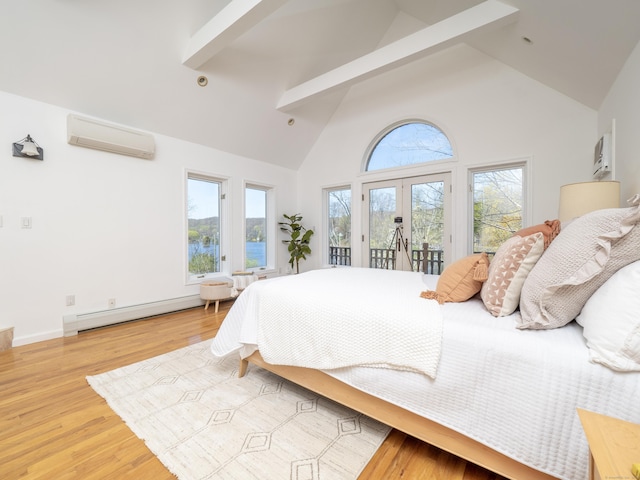 bedroom with a baseboard heating unit, beamed ceiling, a wall unit AC, high vaulted ceiling, and access to exterior