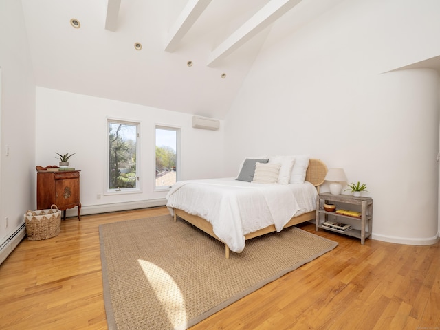 bedroom featuring a baseboard radiator, light wood-style floors, beam ceiling, a wall mounted air conditioner, and high vaulted ceiling