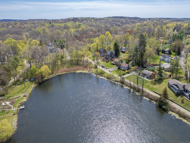 aerial view featuring a water view and a view of trees