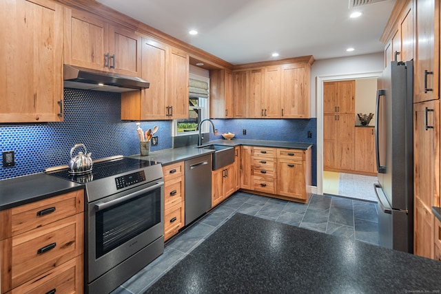 kitchen with backsplash, appliances with stainless steel finishes, dark countertops, a sink, and under cabinet range hood