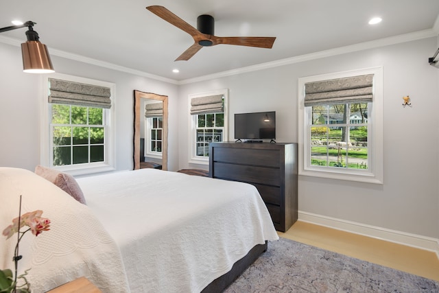 bedroom featuring crown molding, recessed lighting, baseboards, and light wood-type flooring