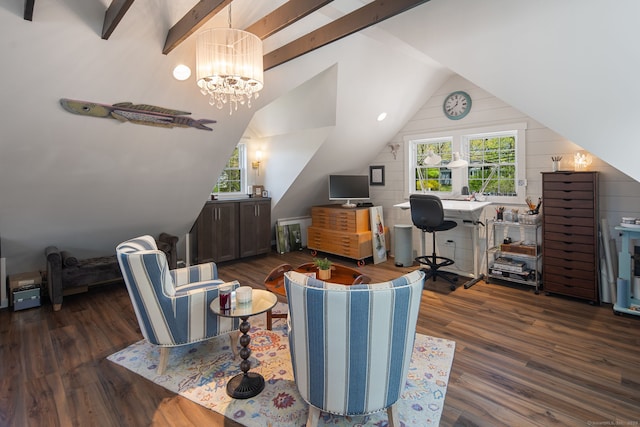 home office with a chandelier, vaulted ceiling with beams, and wood finished floors