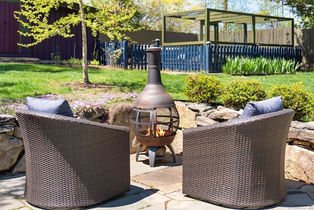 view of patio / terrace featuring a fire pit and fence