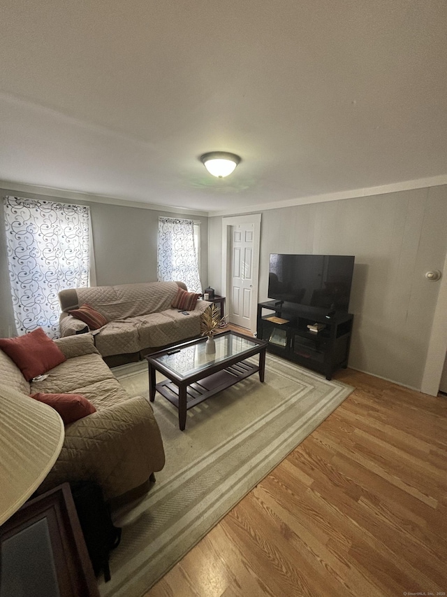 living area featuring light wood-style floors and crown molding