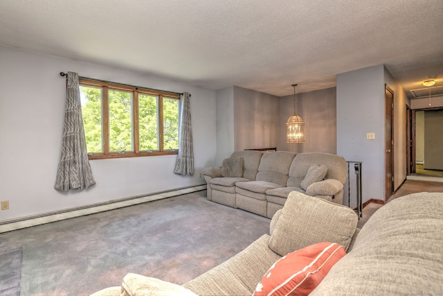carpeted living room featuring baseboards, a baseboard radiator, a textured ceiling, and a chandelier