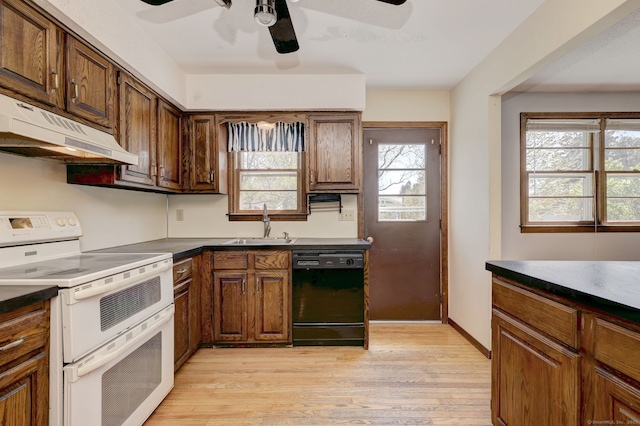 kitchen featuring ceiling fan, a sink, dishwasher, range with two ovens, and under cabinet range hood