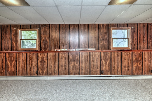 basement with wood walls, a drop ceiling, and a healthy amount of sunlight
