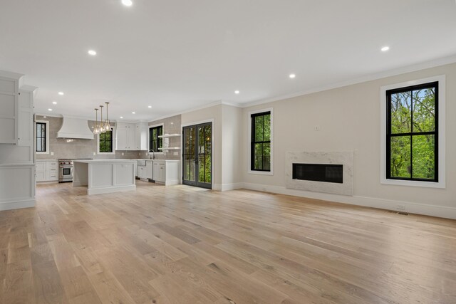 317 Park St, New Canaan, CT 06840 - unfurnished living room featuring healthy amount of natural light, ornamental molding, a premium fireplace, light wood-style flooring, and recessed lighting