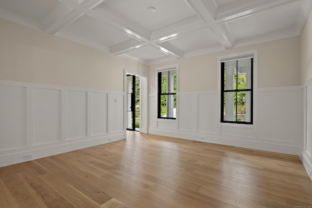 317 Park St, New Canaan, CT 06840 - unfurnished room with a decorative wall, coffered ceiling, beam ceiling, light wood-type flooring, and wainscoting