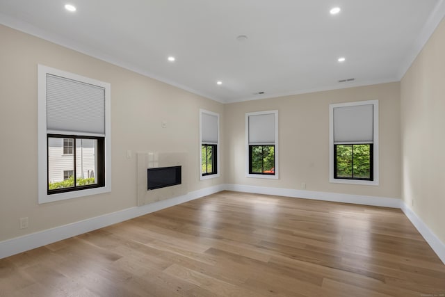 317 Park St, New Canaan, CT 06840 - unfurnished living room featuring plenty of natural light, crown molding, a fireplace, recessed lighting, and light wood-type flooring