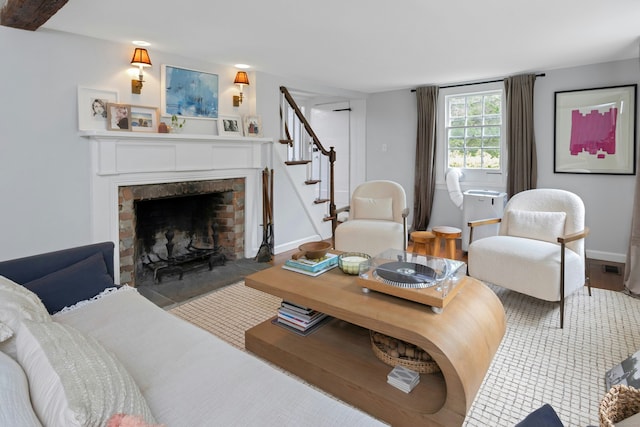 112 Easton Rd, Westport, CT 06880 - living room featuring a fireplace and stairway