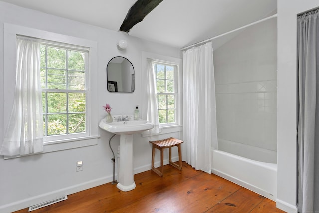 112 Easton Rd, Westport, CT 06880 - full bath with shower / bath combo with shower curtain, hardwood / wood-style floors, and vaulted ceiling