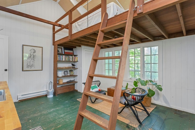 112 Easton Rd, Westport, CT 06880 - interior space featuring baseboard heating, wood finished floors, and wood walls