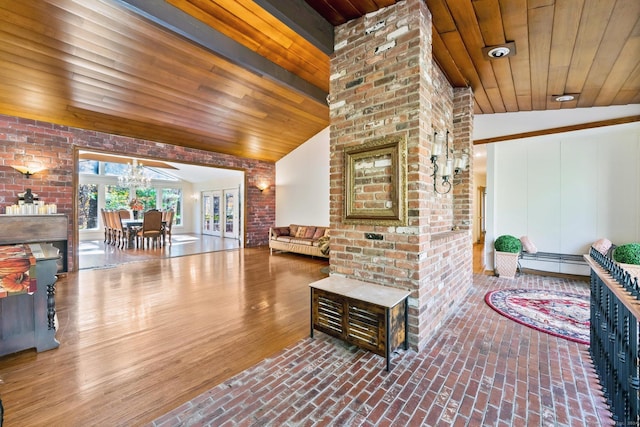 living area featuring brick floor, vaulted ceiling, and wooden ceiling